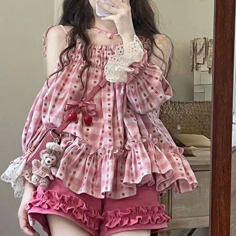  Set Đồ Hồng Dâu Áo Hai Dây Phối Tay Bồng Ren 