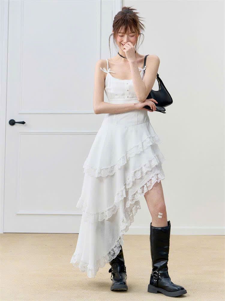  Váy Trắng Ren Vạc Xéo 