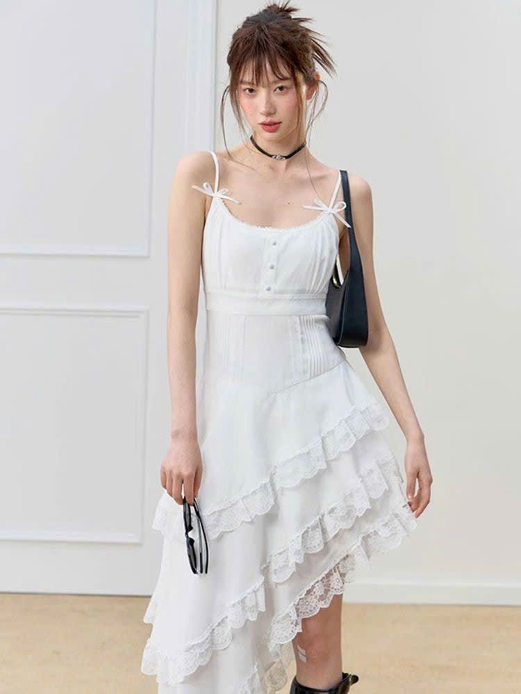  Váy Trắng Ren Vạc Xéo 