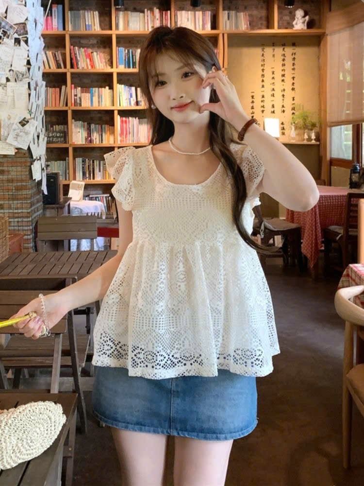  Áo Tay Bèo Họa Tiết Lưới Ren 