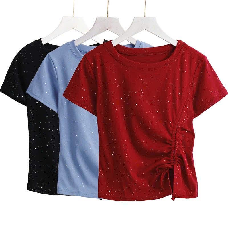  Áo Thun Ngắn Tay Đính Đá Có Rút Hông 