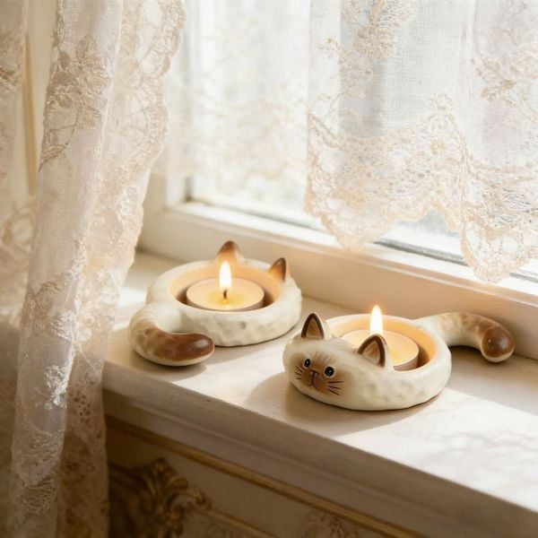  Đôi Chân Nến Gốm Hình Chú Mèo Dễ Thương 