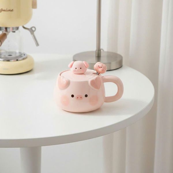  Cốc Gốm Sứ Hình Chú Heo Màu Hồng Có Nắp 