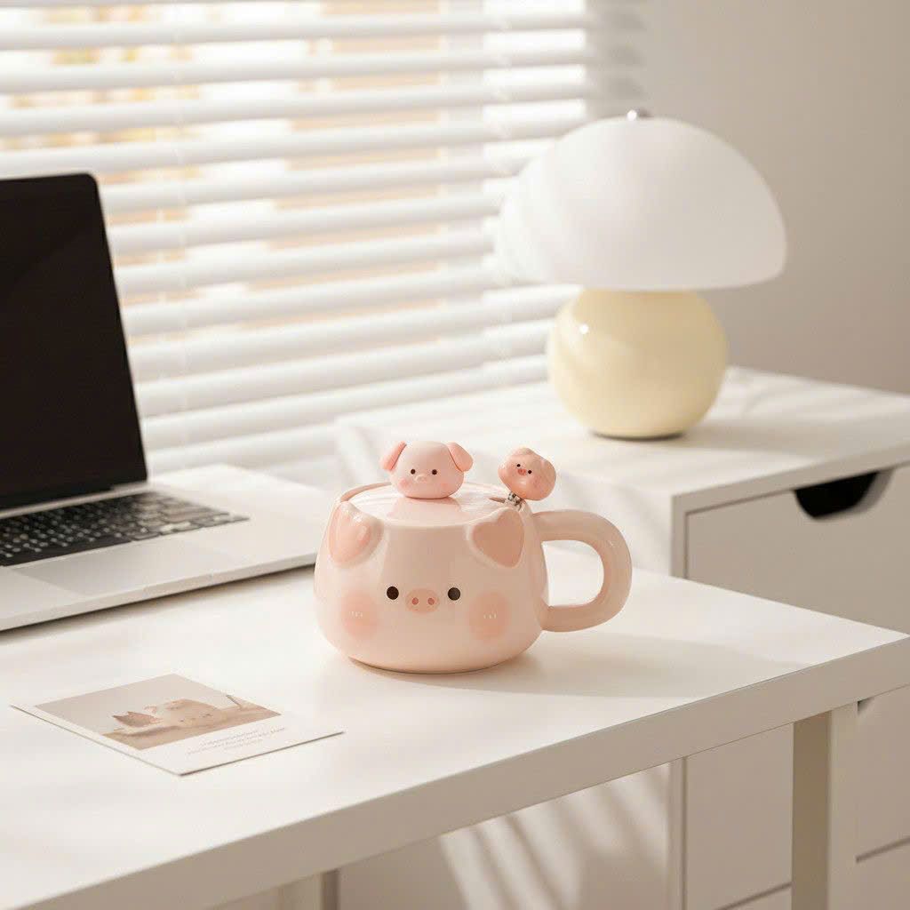  Cốc Gốm Sứ Hình Chú Heo Màu Hồng Có Nắp 