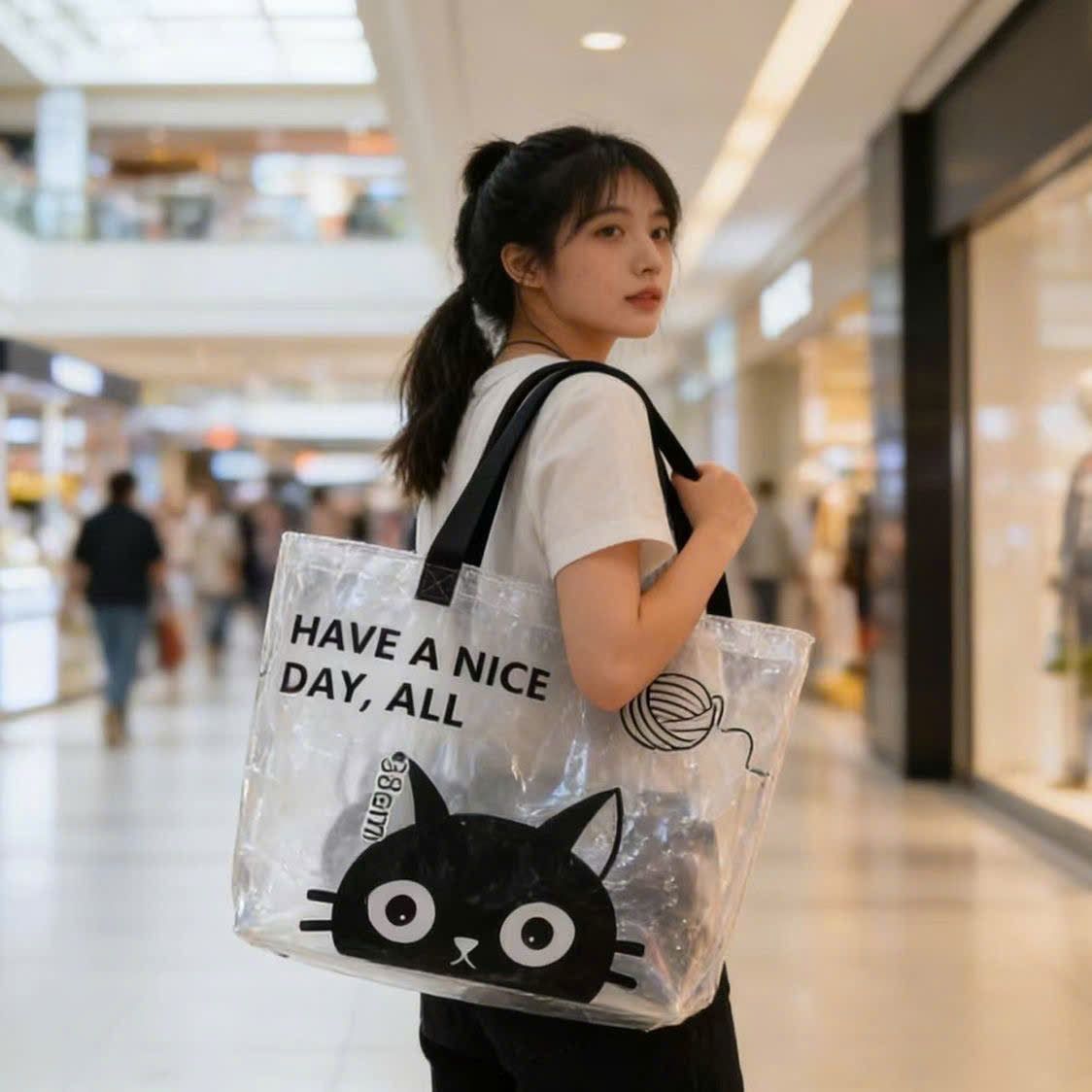  Túi Tote Trong Suốt Họa Tiết Mèo Đen Dễ Thương 