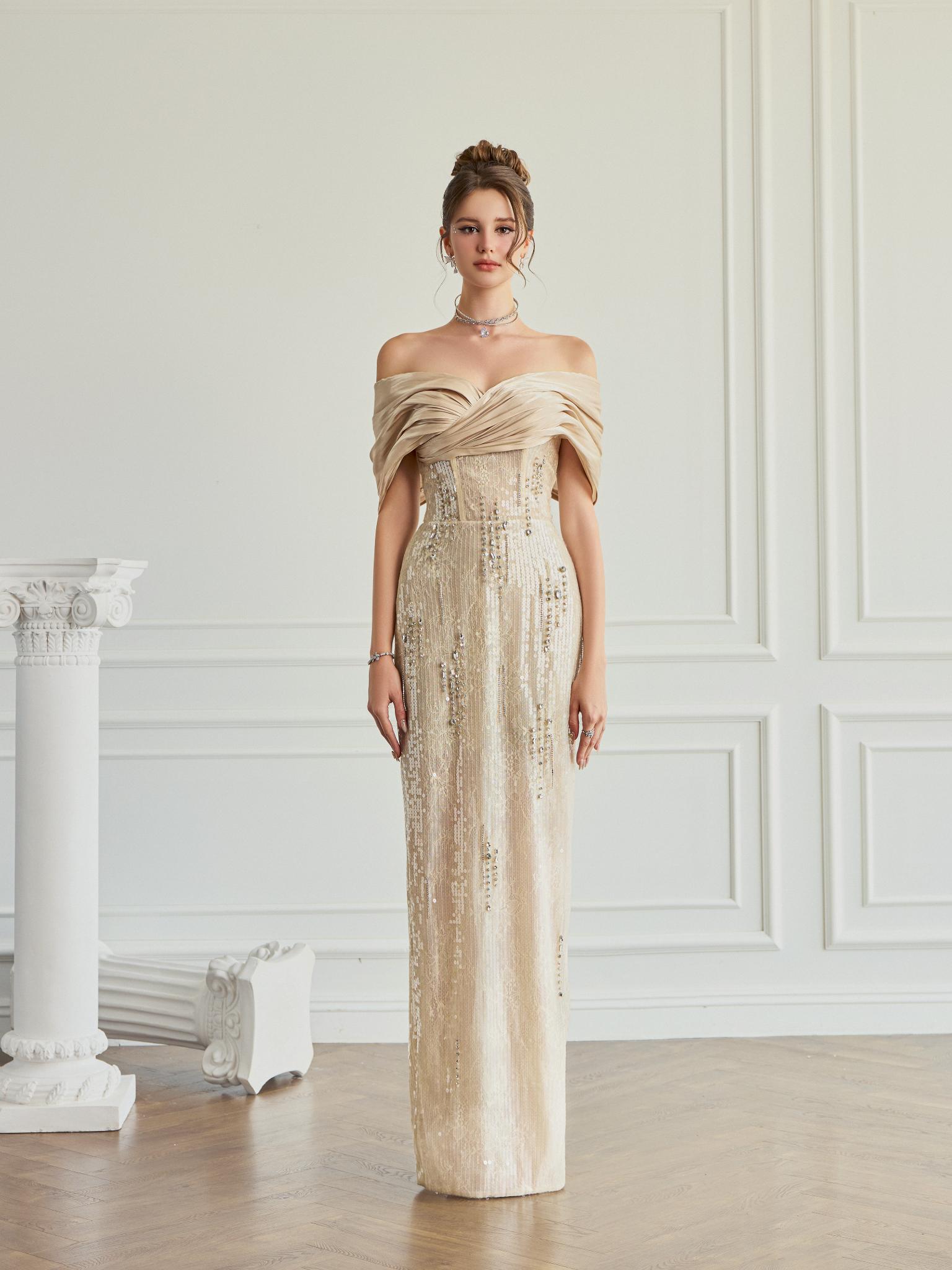  Zelia Sequin Draped Off-Shoulder Dress 