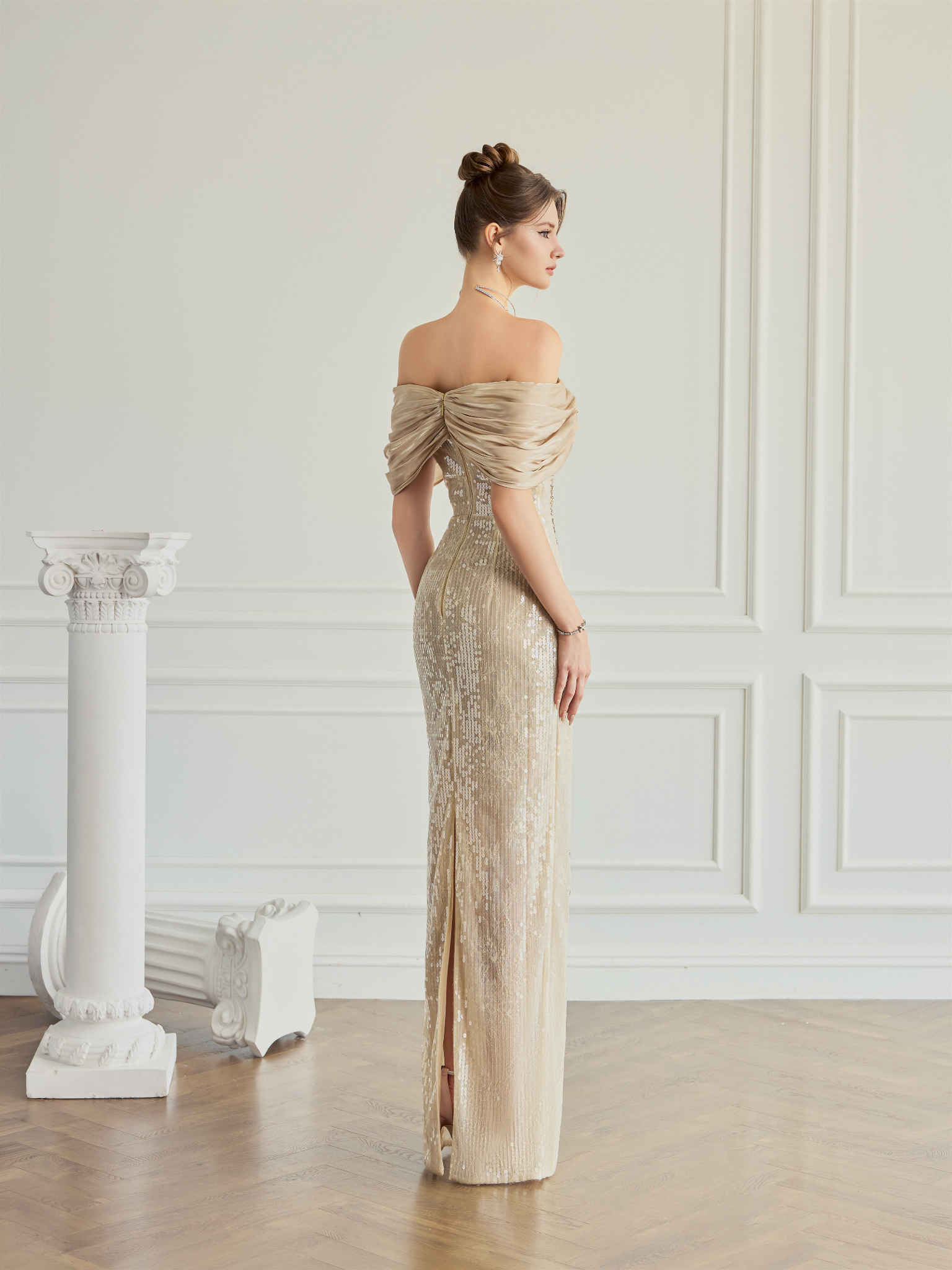  Zelia Sequin Draped Off-Shoulder Dress 