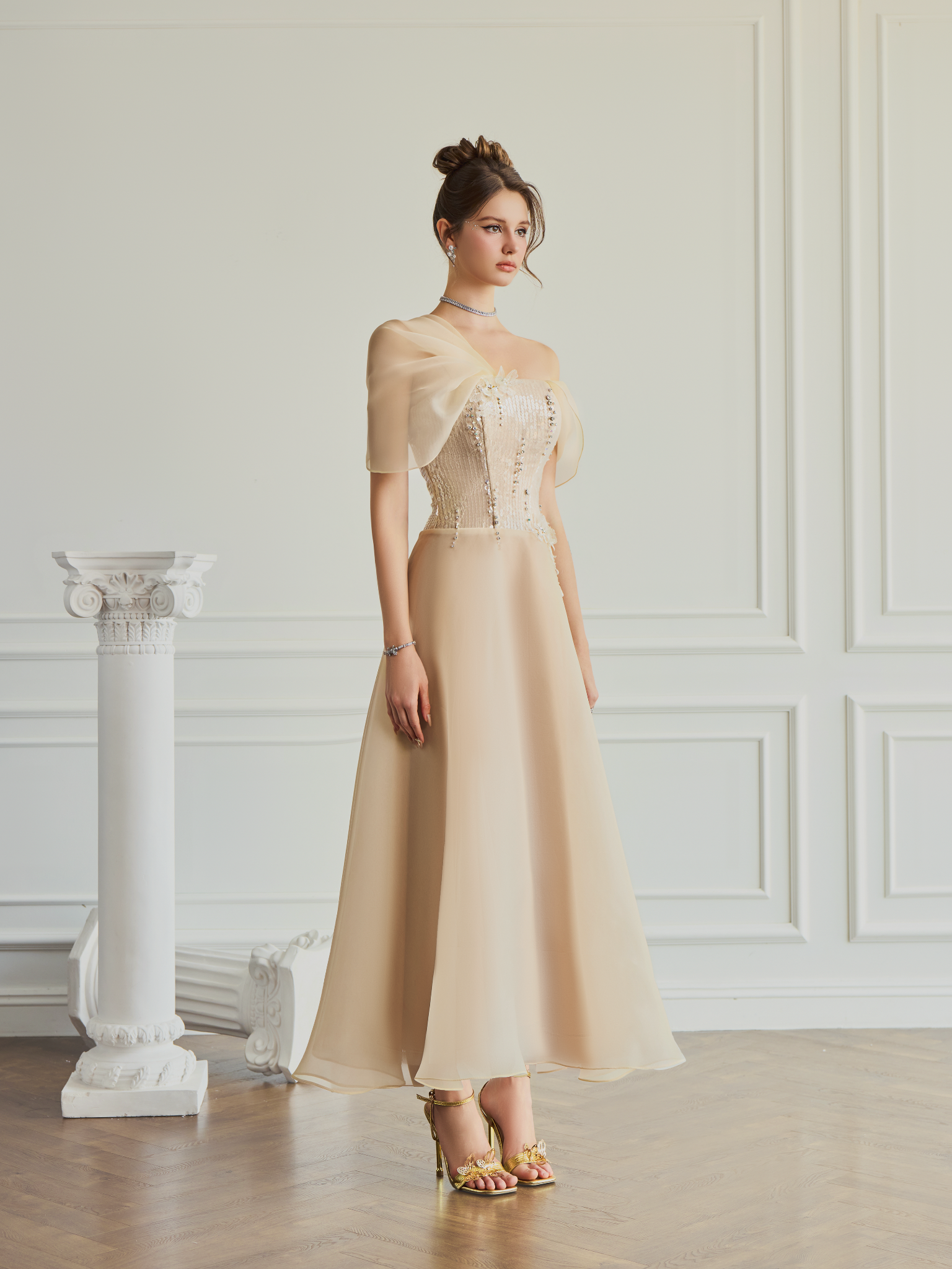  Eloise Sequin Corset Draped Off-Shoulder Dress 