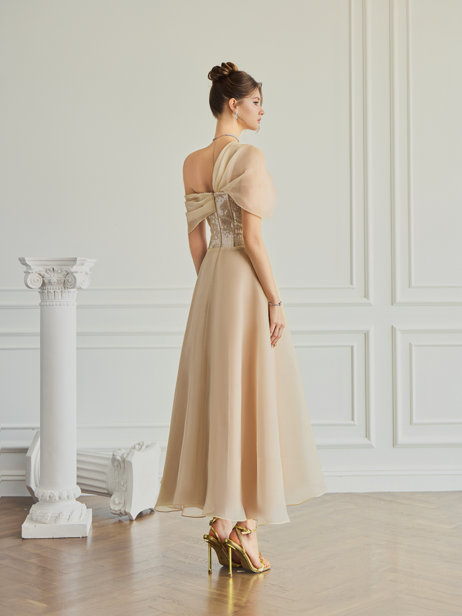  Eloise Sequin Corset Draped Off-Shoulder Dress 