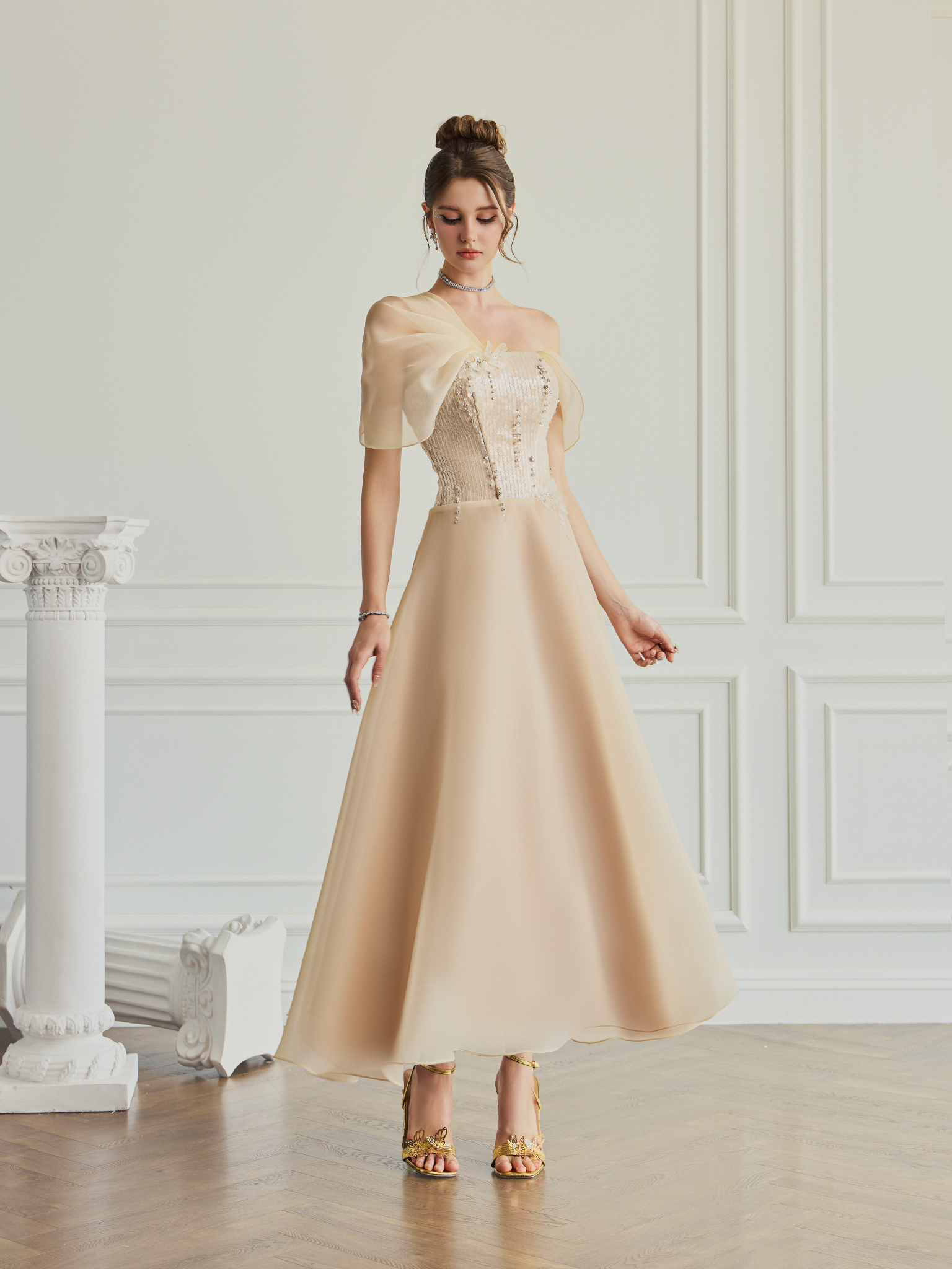  Eloise Sequin Corset Draped Off-Shoulder Dress 
