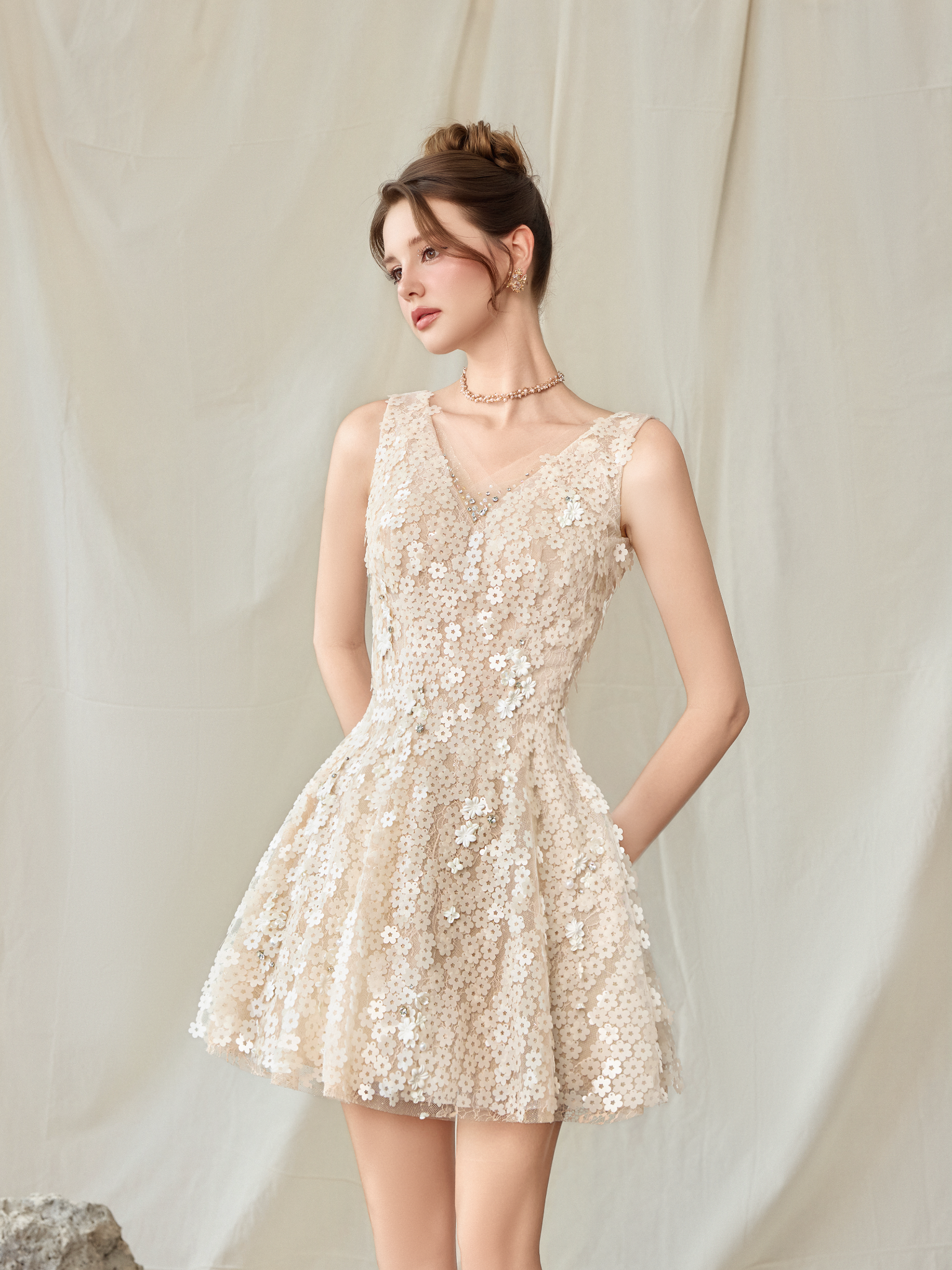  Aven Floral Lace V-Neck Embellished Mini Dress 