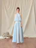  Aster Blue Pastel Silk Corset Draped Maxi Dress 