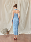  Alyssa Blue Pastel Chantilly Lace Ruched Midi Dress 