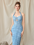  Alyssa Blue Pastel Chantilly Lace Ruched Midi Dress 