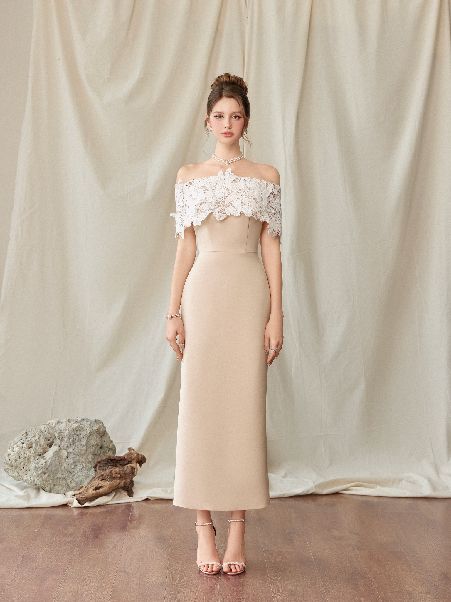  Florentia Nude Butterfly Lace Off-Shoulder Midi Dress 
