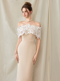  Florentia Nude Butterfly Lace Off-Shoulder Midi Dress 