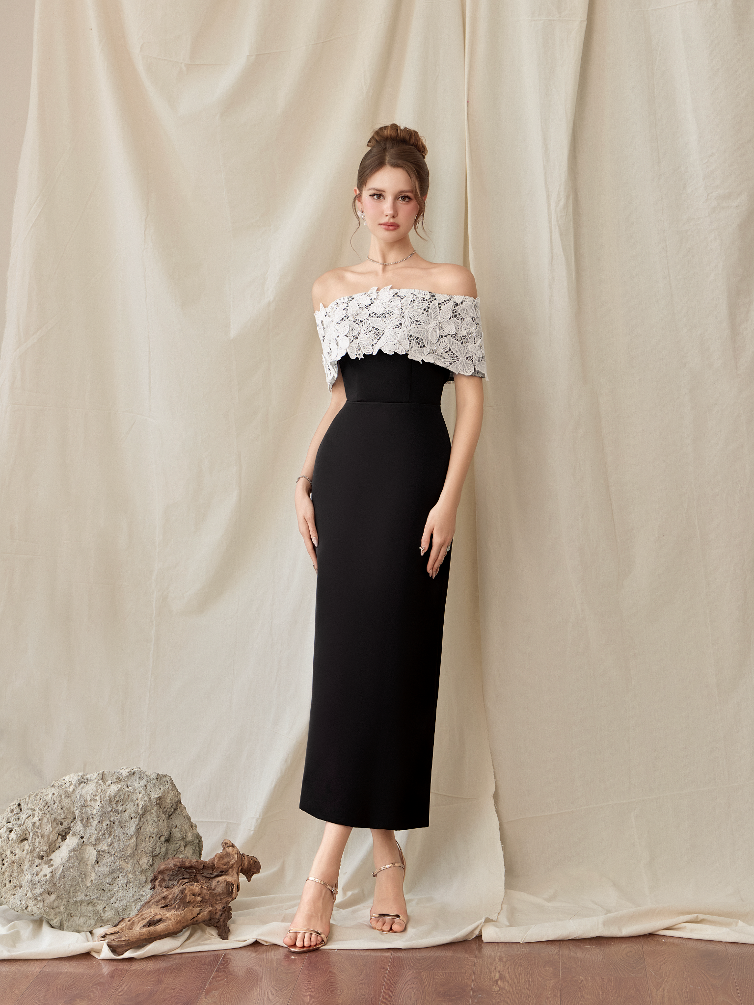  Florentia Black Butterfly Lace Off-Shoulder Midi Dress 