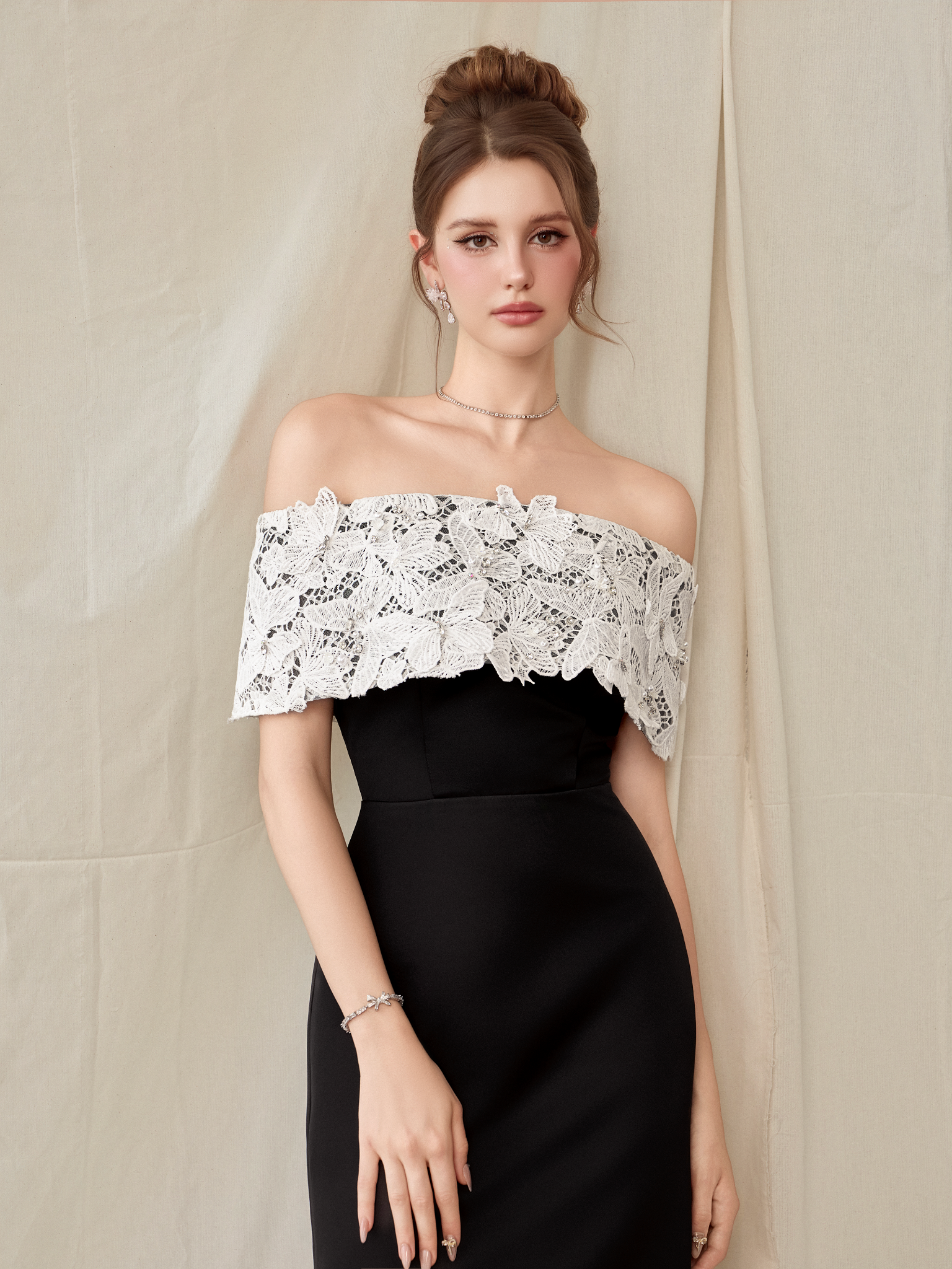  Florentia Black Butterfly Lace Off-Shoulder Midi Dress 