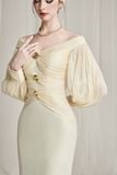  Nythera Cream Gold Off Shoulder Draping Dress 