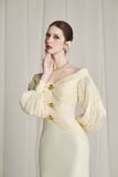  Nythera Cream Gold Off Shoulder Draping Dress 