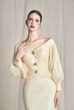  Nythera Cream Gold Off Shoulder Draping Dress 