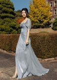  Crystelle Mermaid Gown with Draped Shoulder & Metallic Fabric 