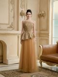  Ivresse Gold Lurex Lace Corset Peplum Top & Mesh Maxi Skirt Set 