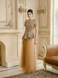  Ivresse Brown Mesh Layered Maxi Skirt 