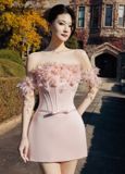  Eirielle Pink Mini Corset Structured Off-Shoulder Dress with 3D Organza Flowers 