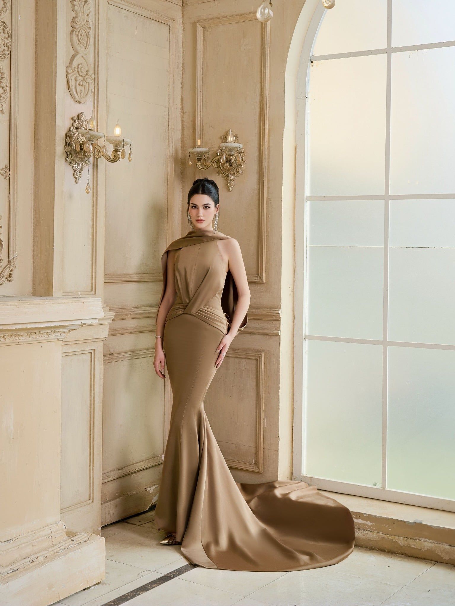  Olivienne Muted Olive Draped Mermaid Dress 