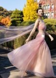  Frosella Pink Tulle One-Shoulder Gown with Detachable Train 