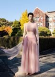  Frosella Pink Tulle One-Shoulder Gown with Detachable Train 