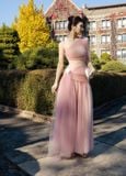  Frosella Pink Tulle One-Shoulder Gown with Detachable Train 