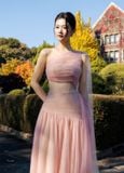  Frosella Pink Tulle One-Shoulder Gown with Detachable Train 
