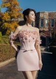  Eirielle Pink Mini Corset Structured Off-Shoulder Dress with 3D Organza Flowers 