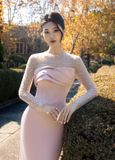 Lurette Long Sleeve Pink Sheer Sequin Gown 
