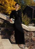  Lunavex Black Mermaid Gown Structured Long-Sleeve Dress with Jewel Accent 