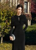  Lunavex Black Mermaid Gown Structured Long-Sleeve Dress with Jewel Accent 