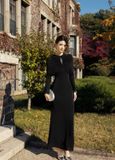  Lunavex Black Mermaid Gown Structured Long-Sleeve Dress with Jewel Accent 