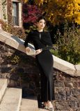  Lunavex Black Mermaid Gown Structured Long-Sleeve Dress with Jewel Accent 