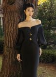  Nythera Black Off-Shoulder V-Cut Taffeta Dress 