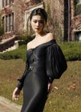  Nythera Black Off-Shoulder V-Cut Taffeta Dress 