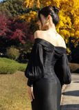  Nythera Black Off-Shoulder V-Cut Taffeta Dress 