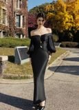  Nythera Black Off-Shoulder V-Cut Taffeta Dress 