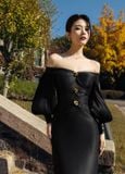  Nythera Black Off-Shoulder V-Cut Taffeta Dress 