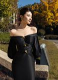  Nythera Black Off-Shoulder V-Cut Taffeta Dress 