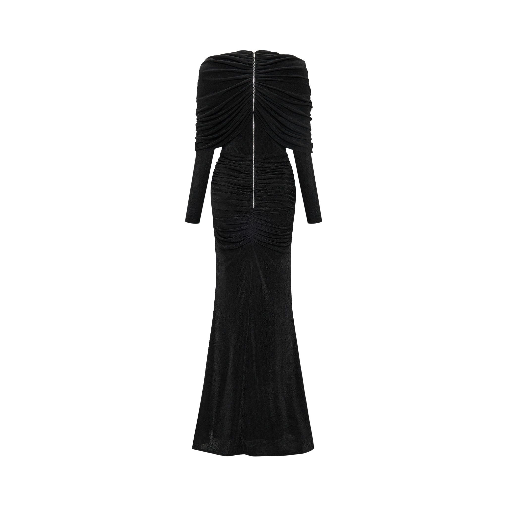  Lunavex Black Mermaid Gown Structured Long-Sleeve Dress with Jewel Accent 