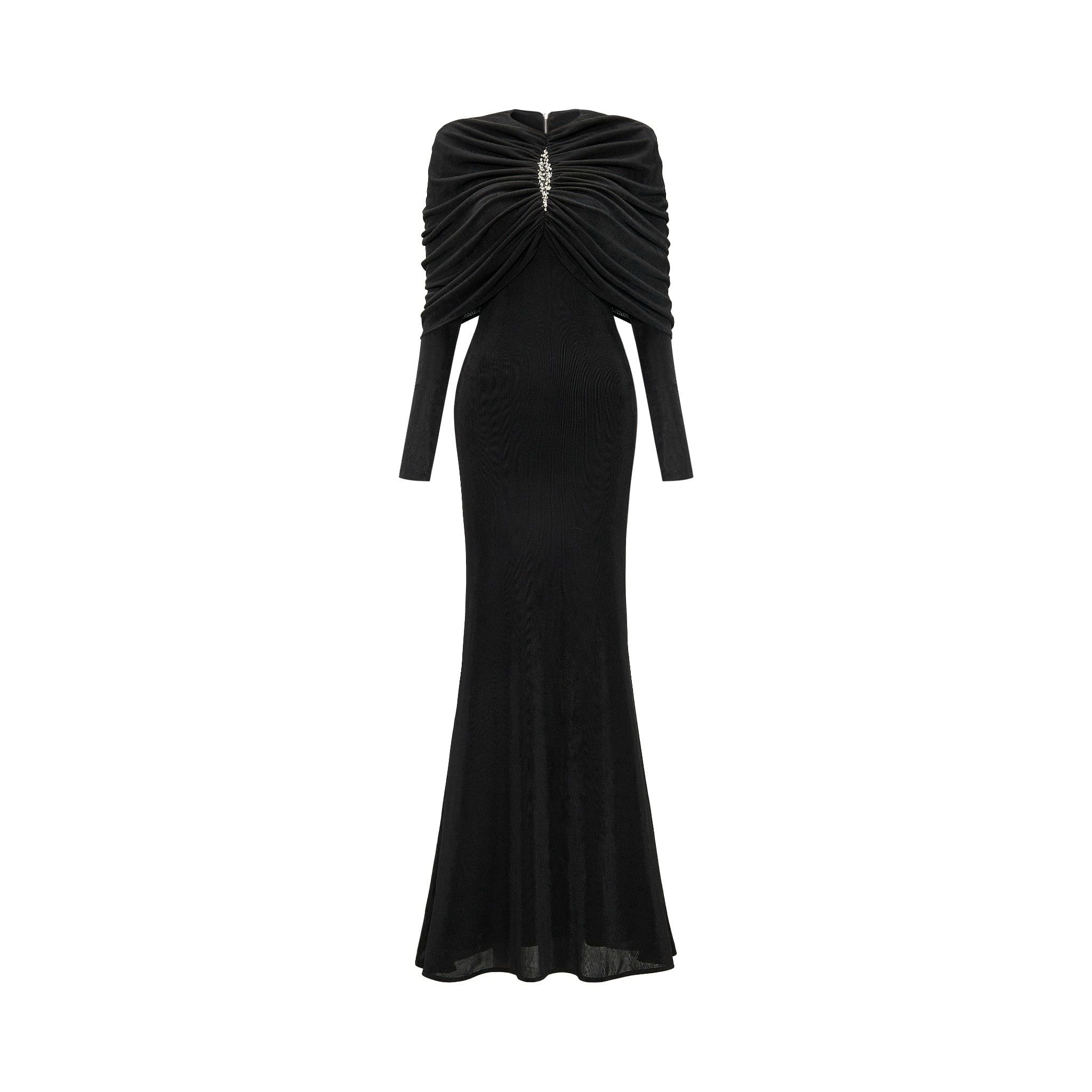  Lunavex Black Mermaid Gown Structured Long-Sleeve Dress with Jewel Accent 