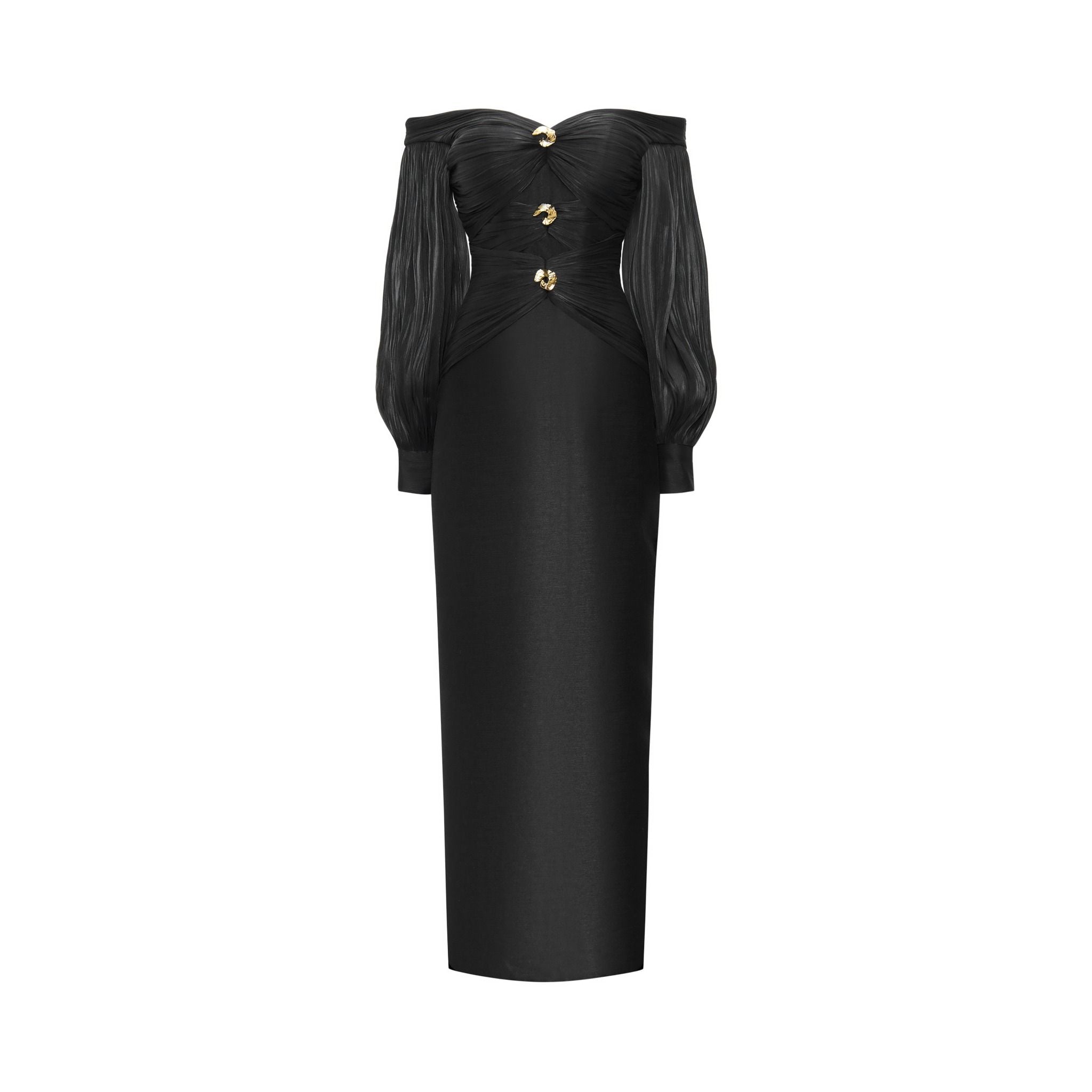  Nythera Black Off-Shoulder V-Cut Taffeta Dress 