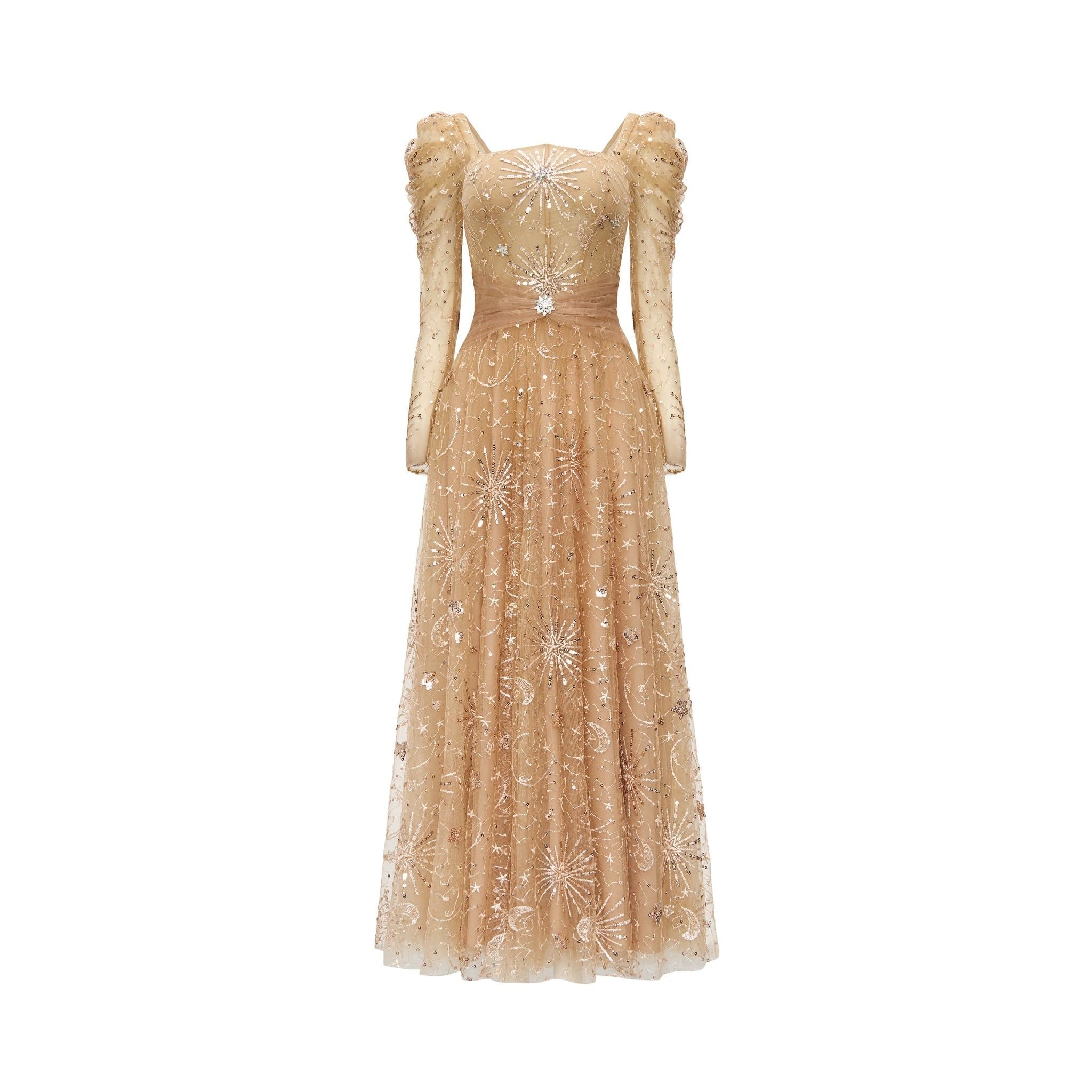  Starlume Golden Brown Star Sequin Mesh Dress 